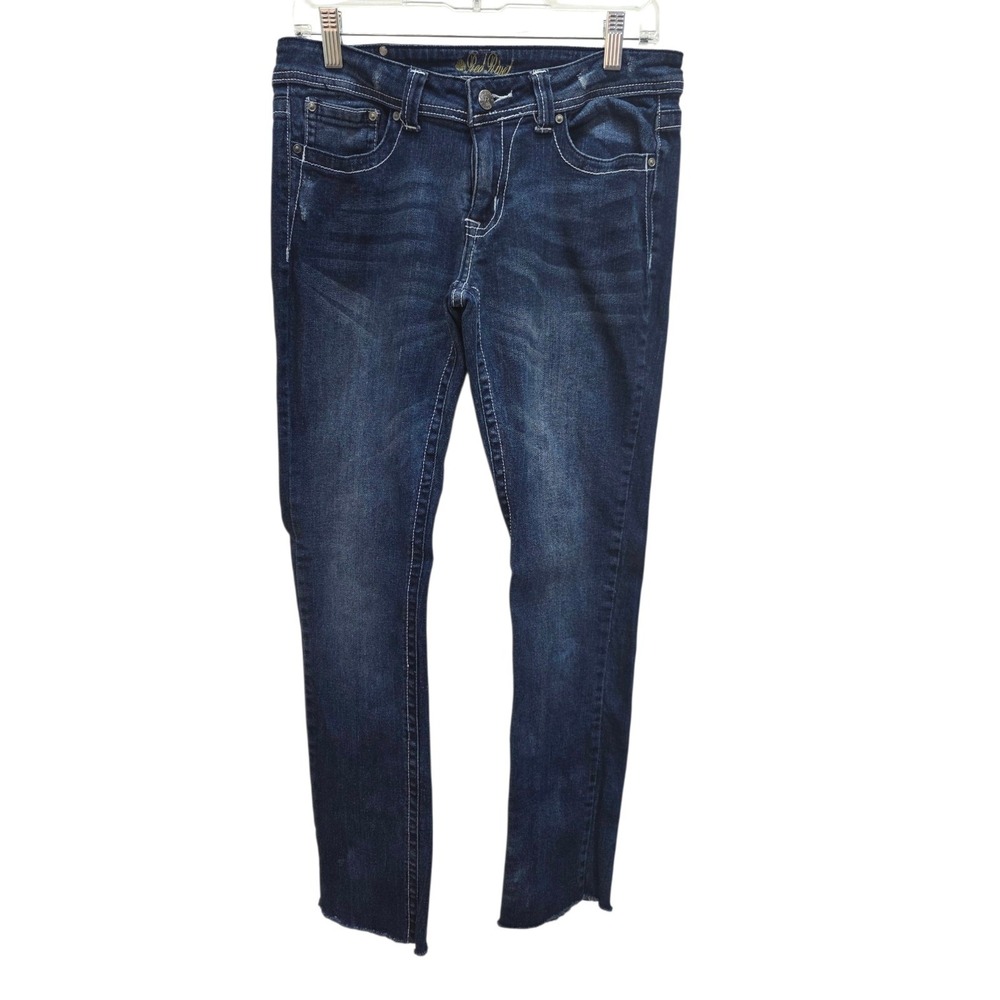 Red Rivet Y2K Dark Wash Embroidered Jeans Size 11 Fleur-de-Lis Bling Raw‎ Hem